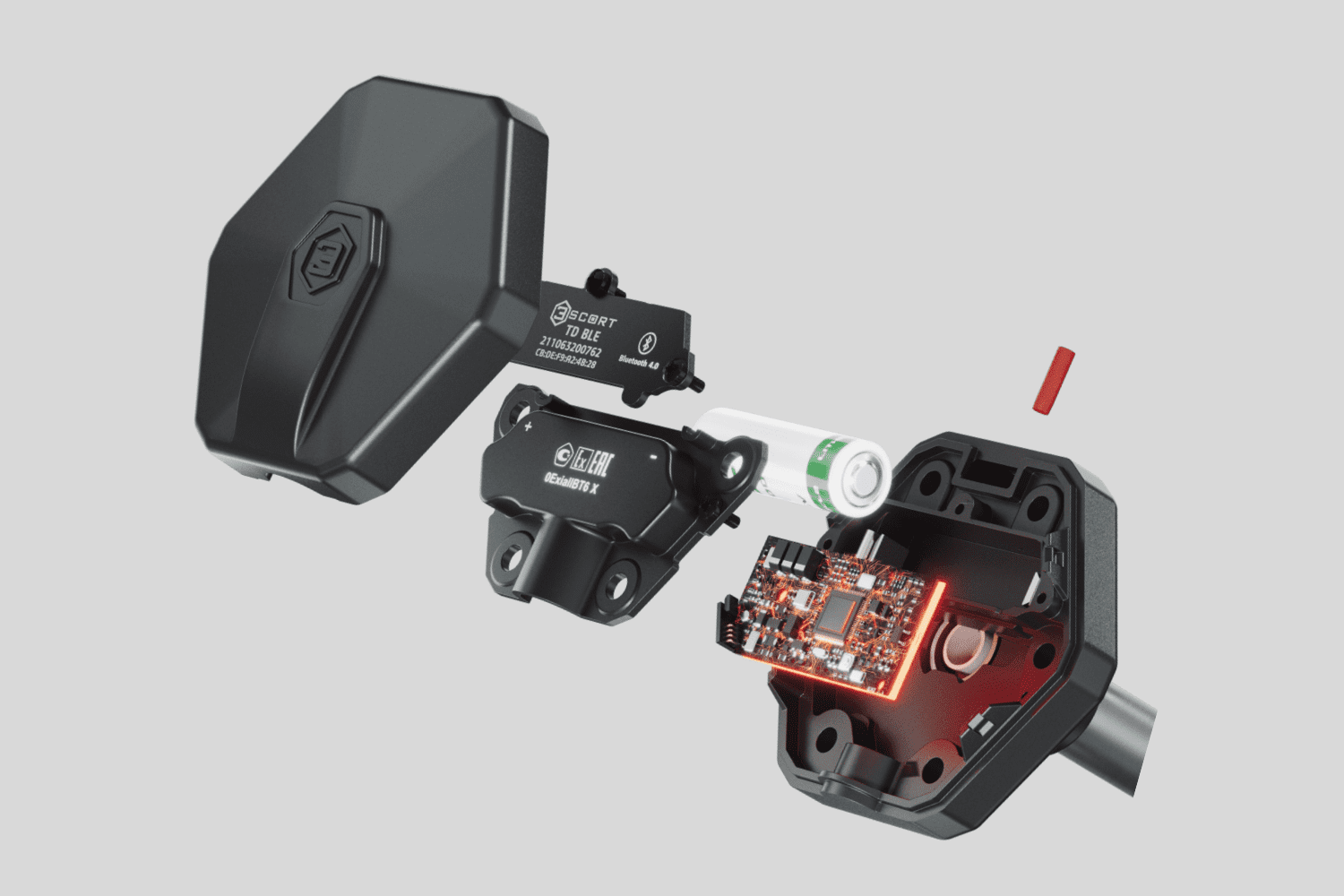 Bezprzewodowa sonda paliwa Bluetooth w widoku rozłożonym: obudowa, bateria i elektronika