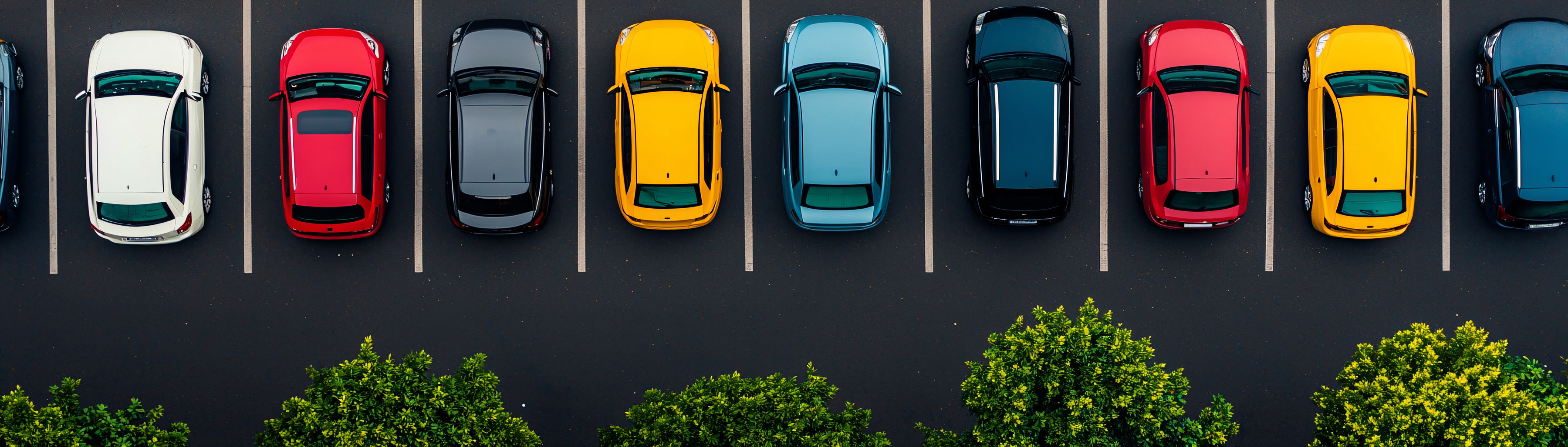 Kolorowe auta na wynajem w rzędzie na parkingu z lotu ptaka, monitoring GPS wypożyczalni samochodów