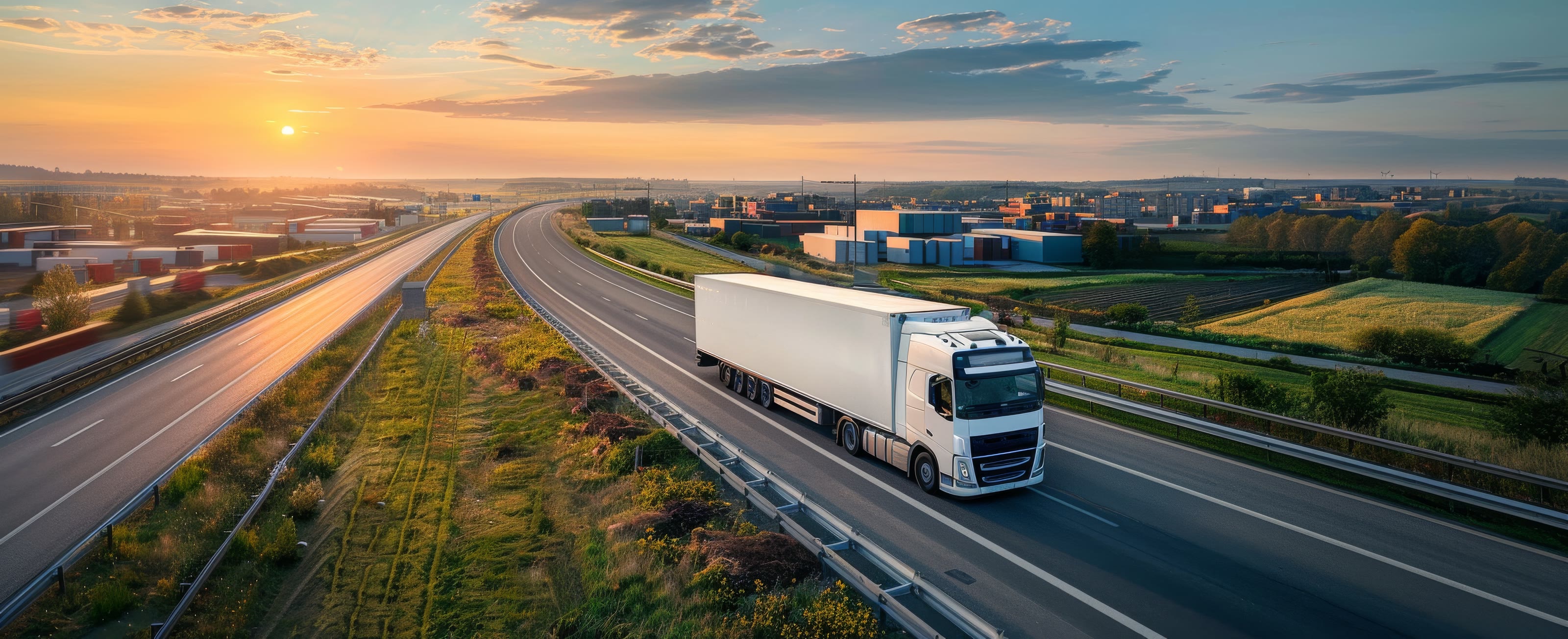 Ciężarówka z naczepą chłodniczą na autostradzie przy centrum logistycznym, monitoring GPS pojazdów ciężarowych