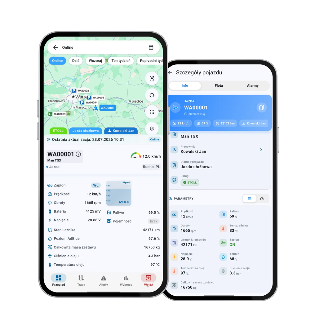 PractiQS GPS Mobile na dwóch telefonach: mapa floty i szczegóły pojazdu z parametrami