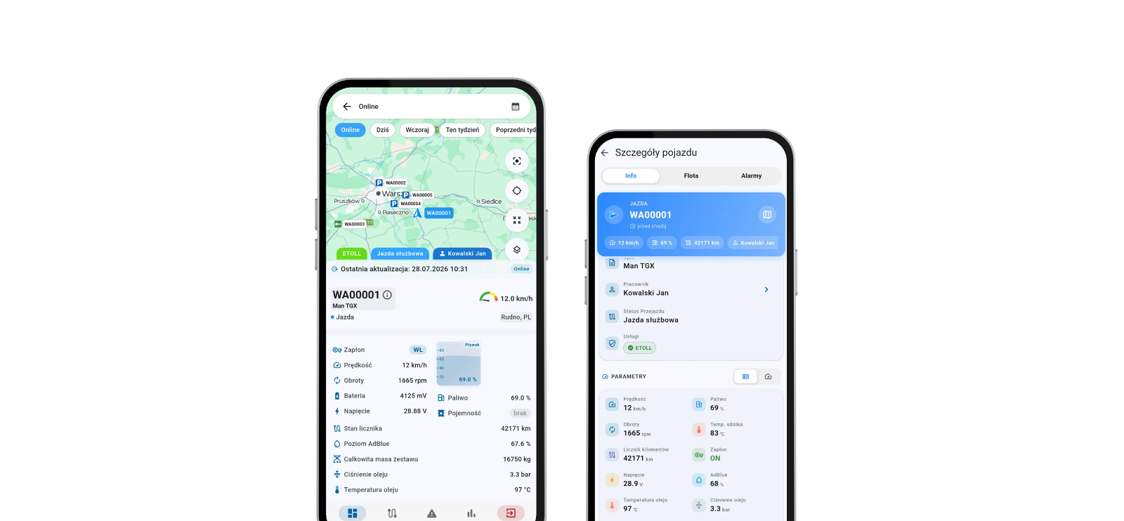 PractiQS GPS Mobile na dwóch telefonach: mapa floty i szczegóły pojazdu, aplikacja do śledzenia samochodu