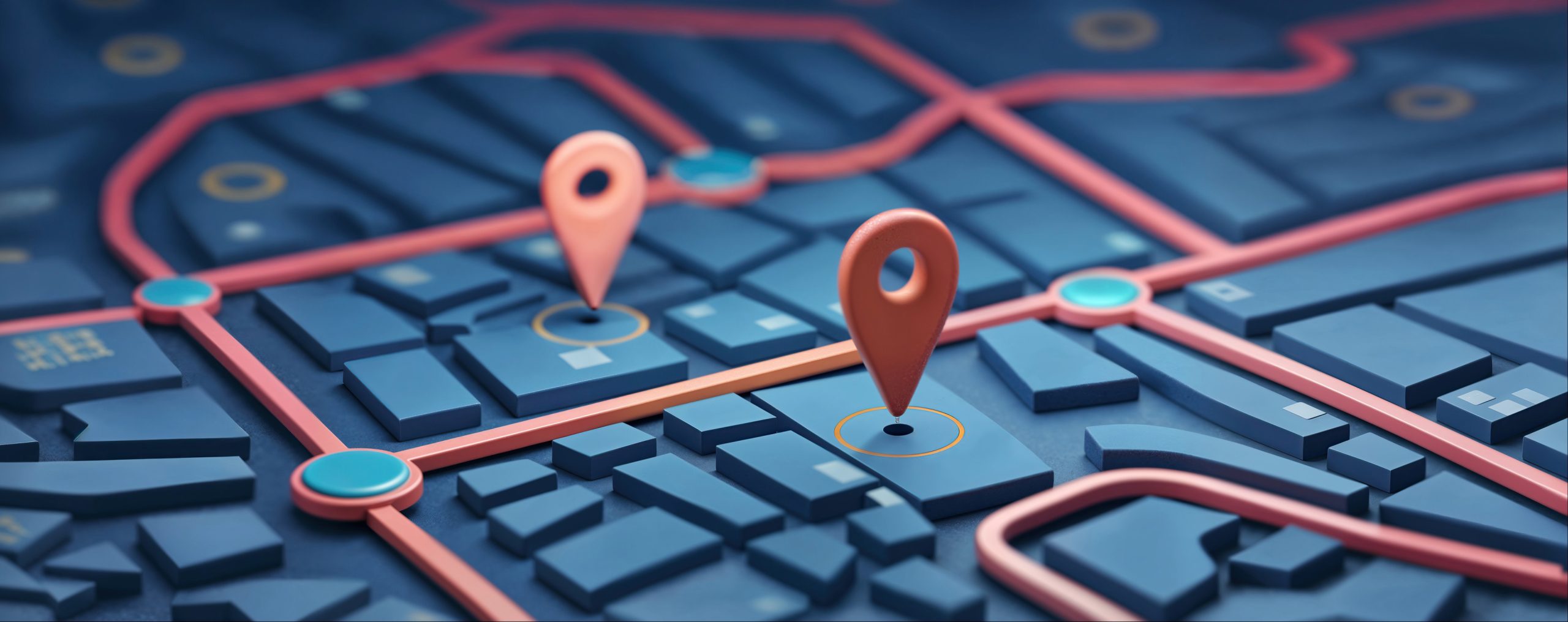 Mapa z pinezkami punktów i trasą między strefami, punkty zdefiniowane i strefy w monitoringu GPS