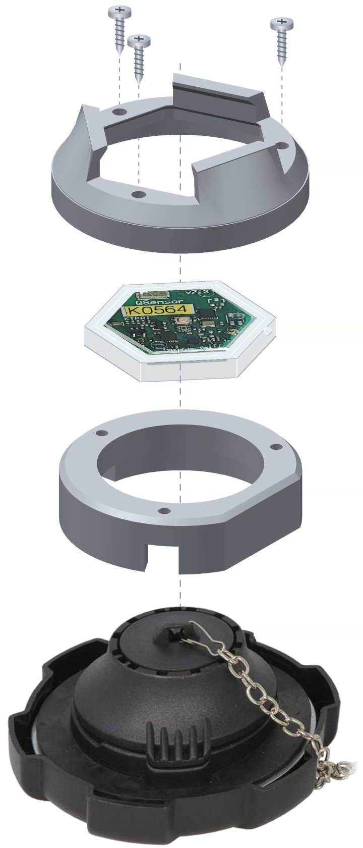 Montaż QSensor FuelCap warstwa po warstwie: korek, podstawa 04, czujnik, uchwyt 03 i trzy wkręty